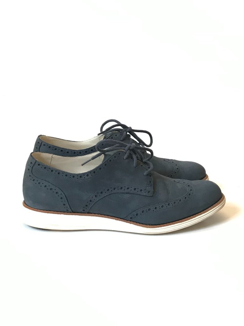 Cole Haan Lunargrand Oxford Wingtip Shoes Womens 9.5 Navy Blue Suede Lace Up